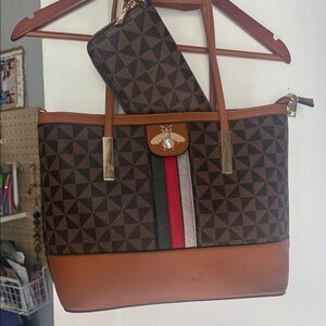 Brown Geometric Tote Bag with Wallet